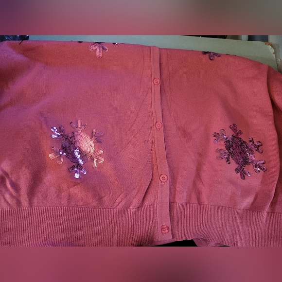 NWOT WMS Pink 3/4 Sleeve Sequinned Snowflake Cardigan Sweater sz 3x - Picture 3 of 5